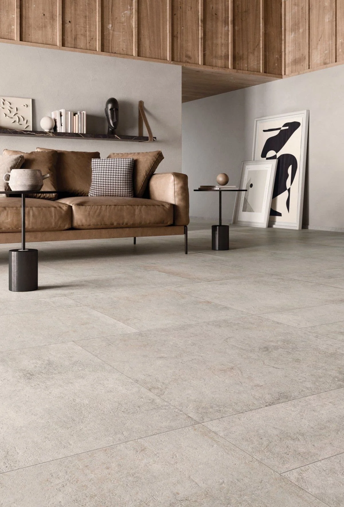 Large format porcelain tiles in open-plan living area