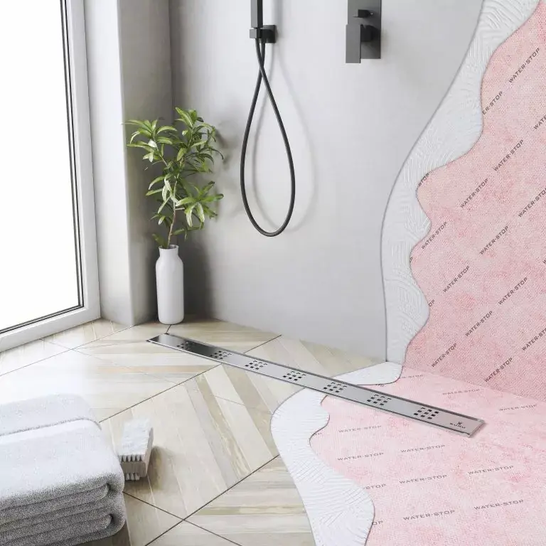 Waterproofing membrane application on bathroom floor
